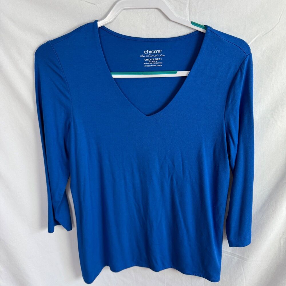 Chicos The Ultimate Tee Women's T-Shirt Top Size 1 Medium Blue V-Neck 3/4 Sleeve